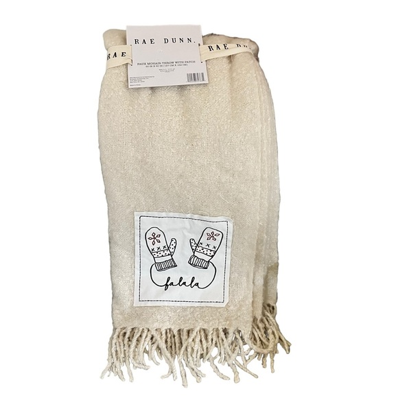 Rae Dunn Faux Mohair Throw Blanket Cream White Mitten Patch Fa La La NEW - Picture 6 of 6
